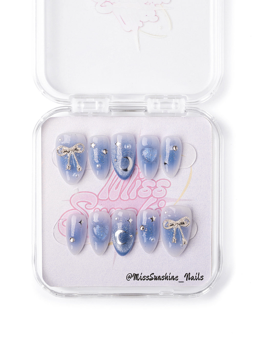 Press-on nails with silver moon and stars