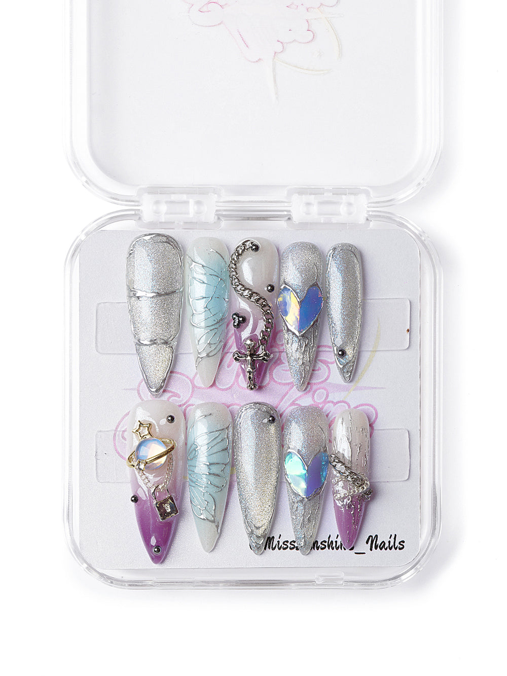 Silver chrome and heart press-ons
