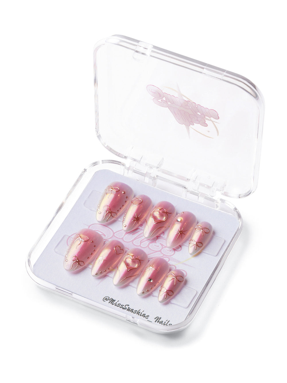 Century of Love short almond press-on nails with chrome pink shimmer, gold hearts, and delicate bows.