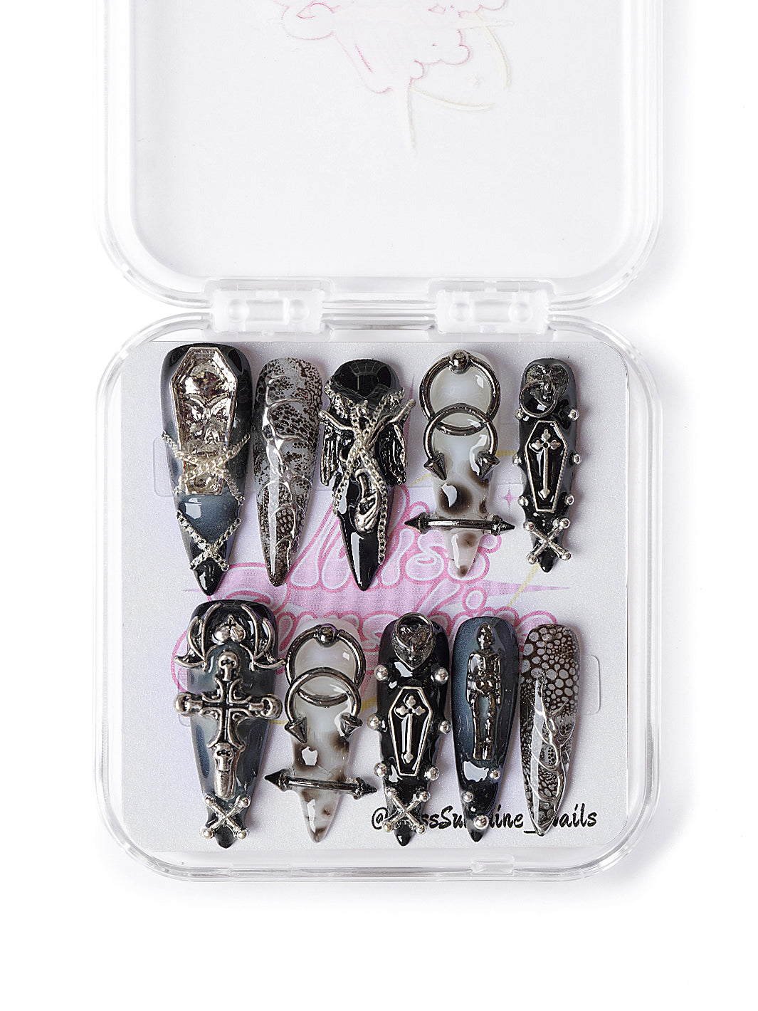 Gothic Halloween nail set in black, grey, and silver with 3D charms