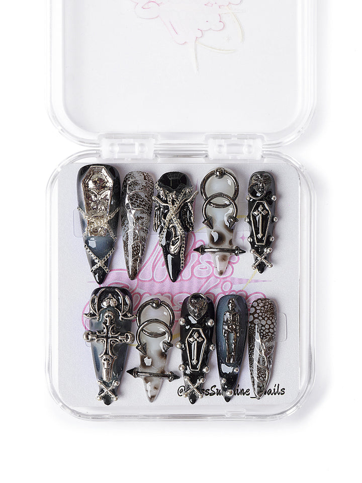 Gothic Halloween nail set in black, grey, and silver with 3D charms