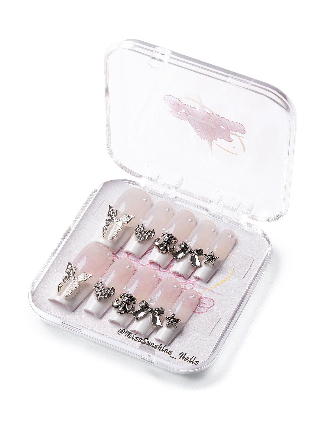 Charmed Tip short coffin nails with silver 3D charms