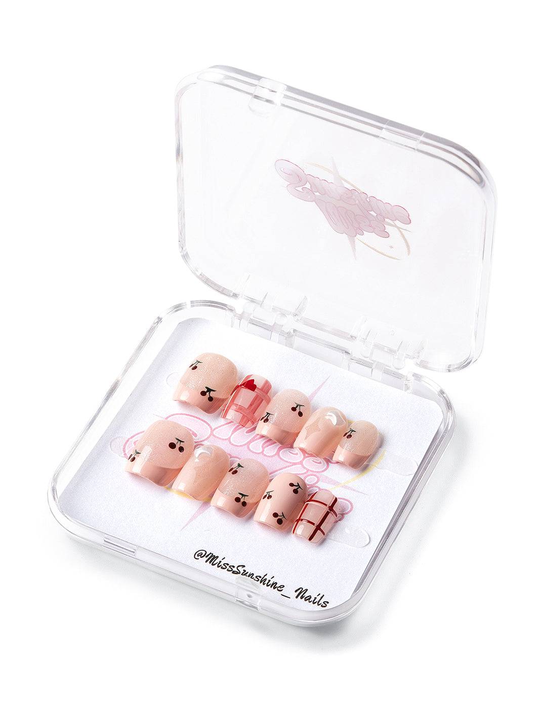 Extra short square nails with cherry designs