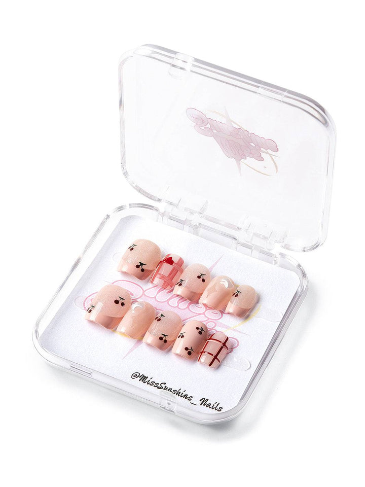 Extra short square nails with cherry designs