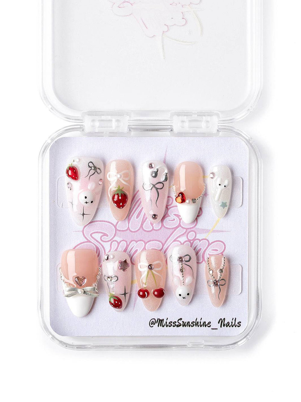 Short almond nails with cherries and bunny art