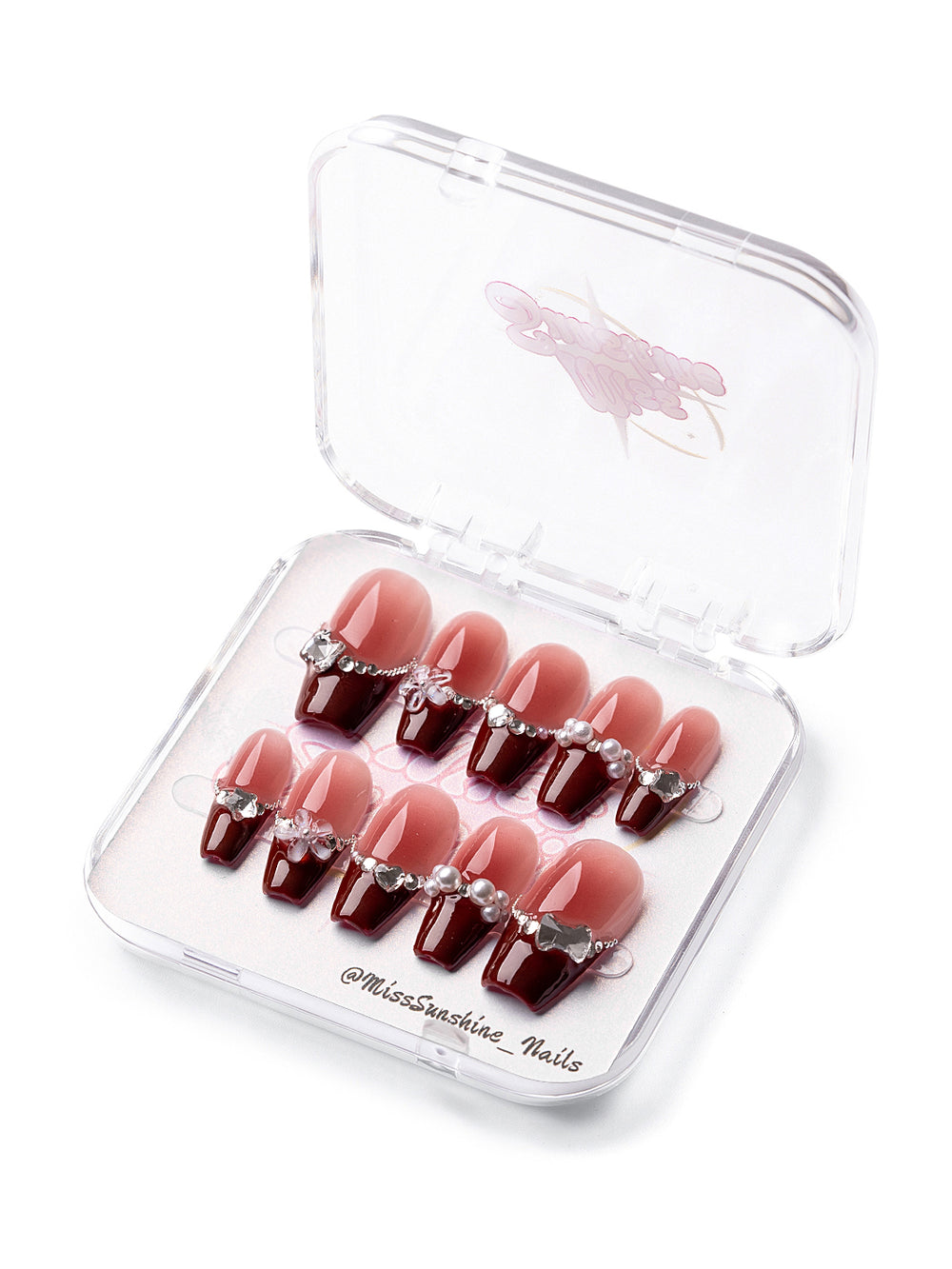 Medium coffin press-on nails with cherry French tips and pearl chains