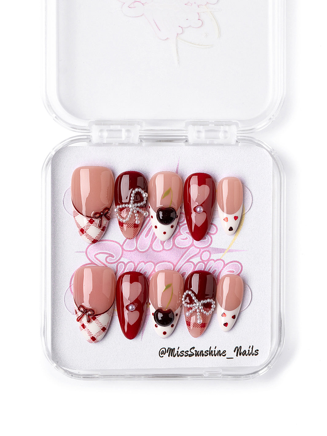 Short almond press-on nails in nude, red, and cherry designs
