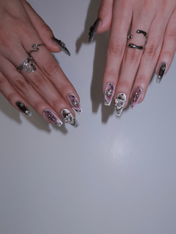 Medium coffin nails with glam heart accents