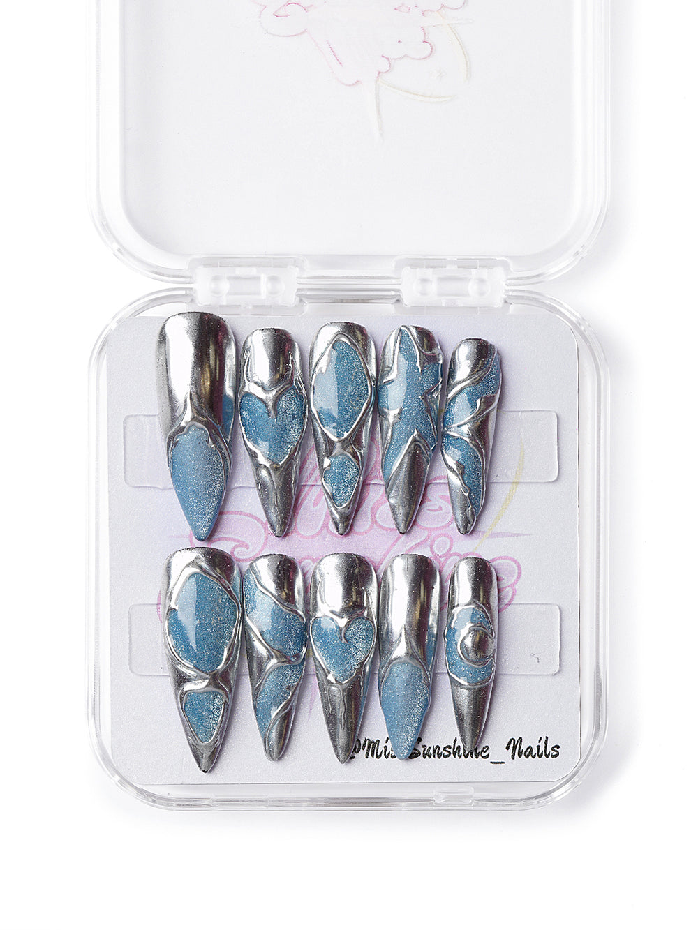 Y2K heart silver futuristic nails