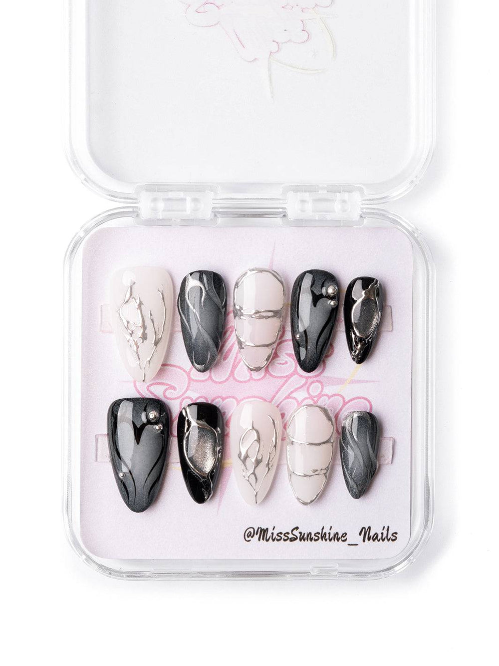 Press-on nails with neutral marbling and futuristic chrome accents in short almond shape