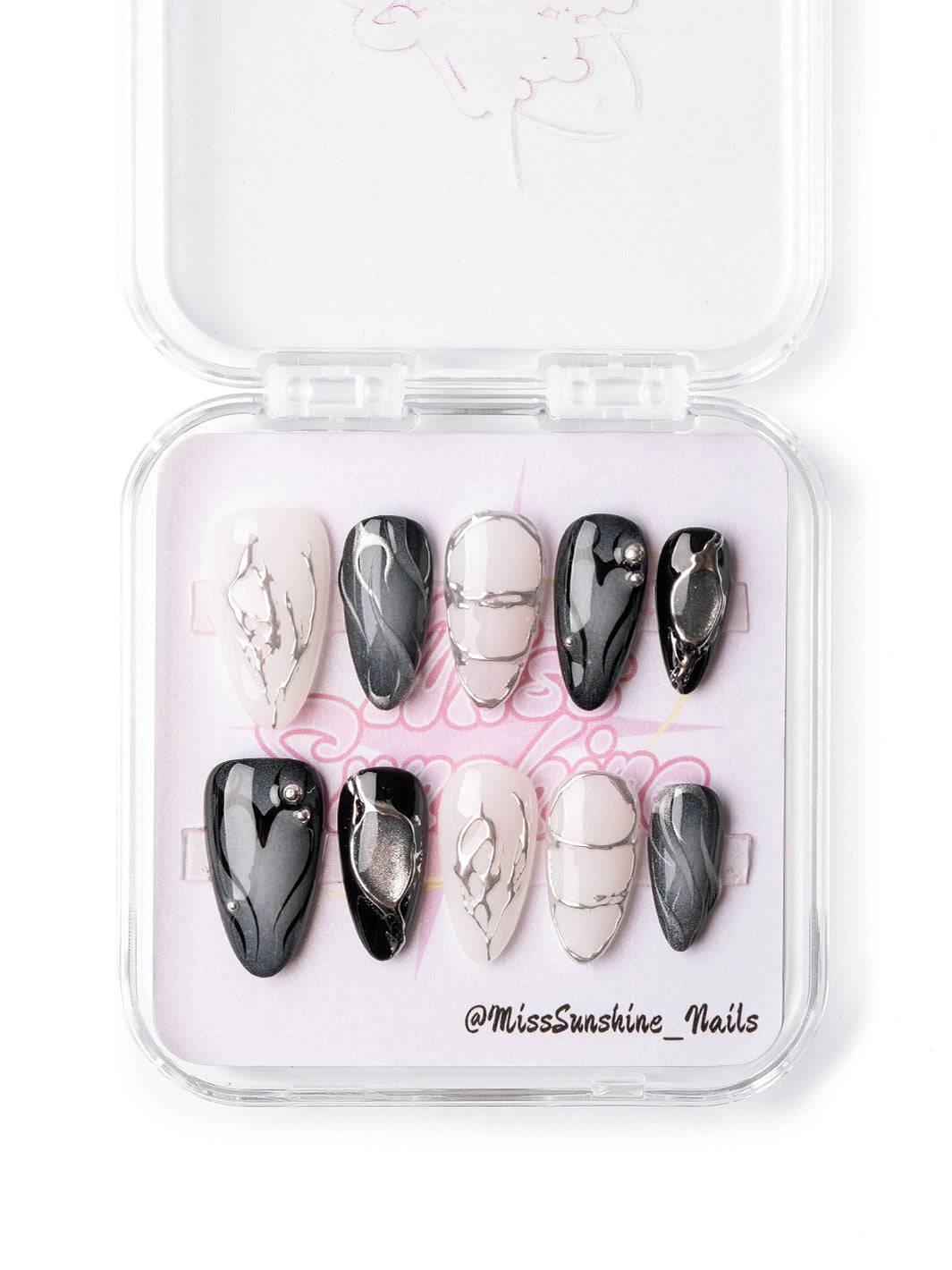 Press-on nails with neutral marbling and futuristic chrome accents in short almond shape