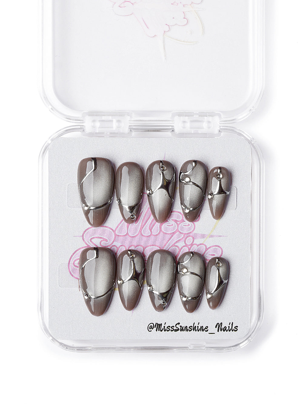Handmade gray and silver press on nails with molten metal swirls and rhinestones