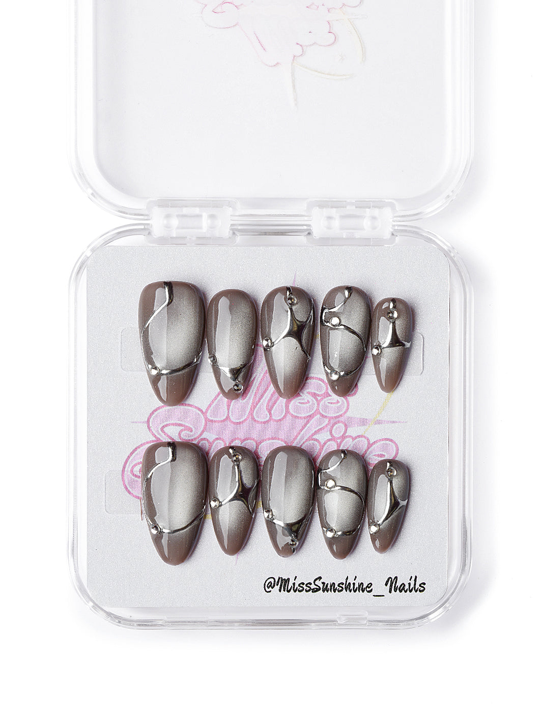 Handmade gray and silver press on nails with molten metal swirls and rhinestones
