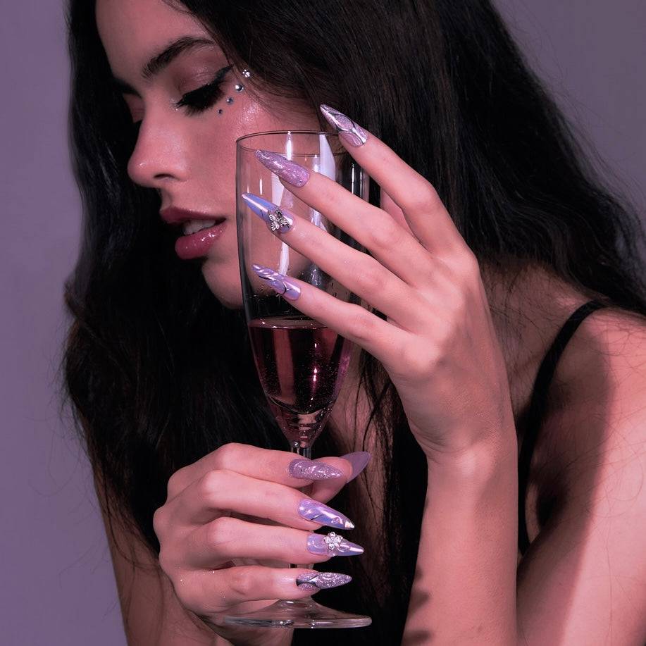 Lavender chrome nails with 3D butterflies