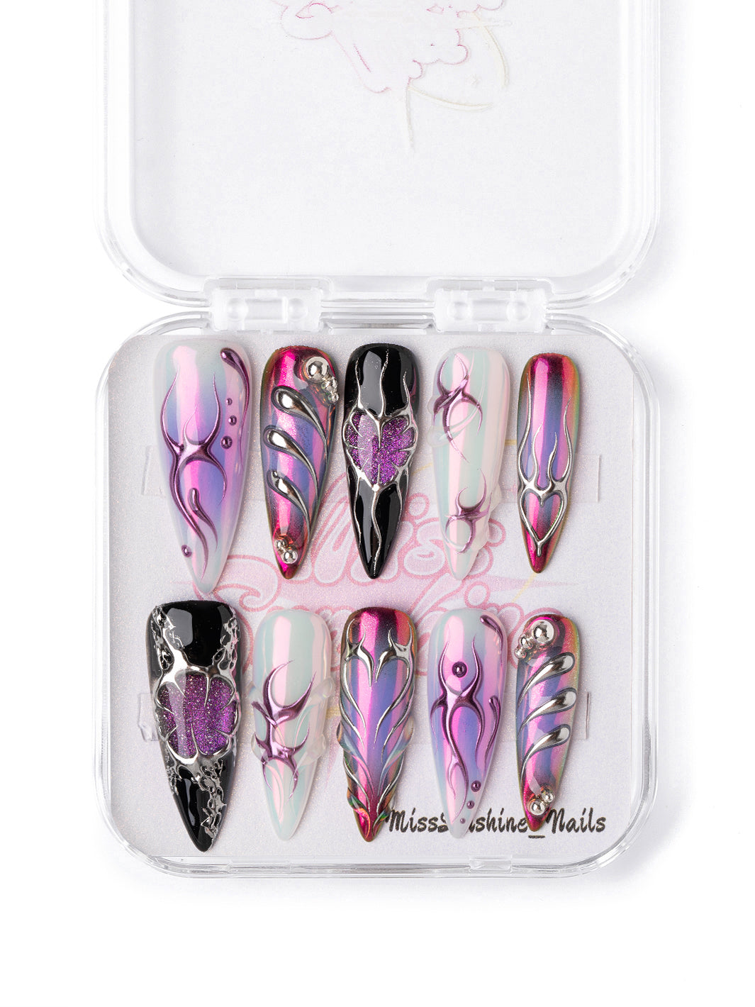 Cosmic Illusion aespa inspired stiletto press-on nails with pink purple chrome and silver details