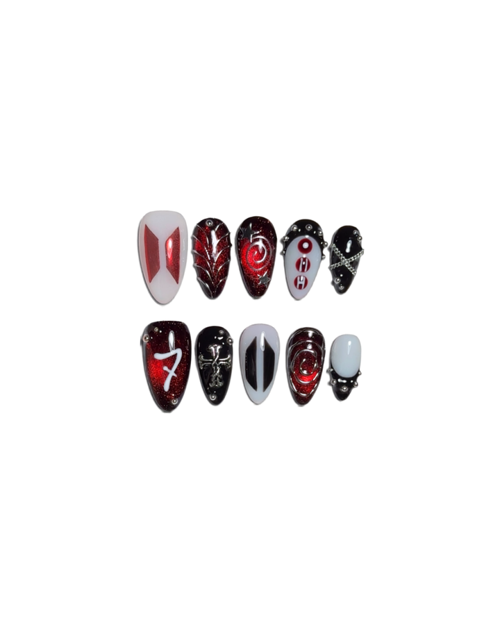 Crimson Cross BTS-inspired press-on nails with red, black, and chrome details