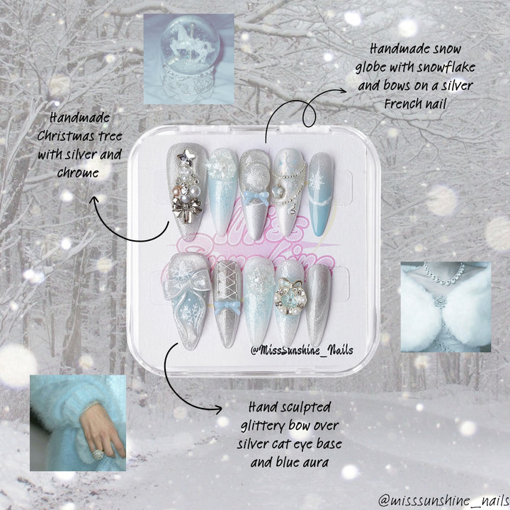 Hand-designed winter holiday press-on nails with frosty sparkle and crystal embellishments