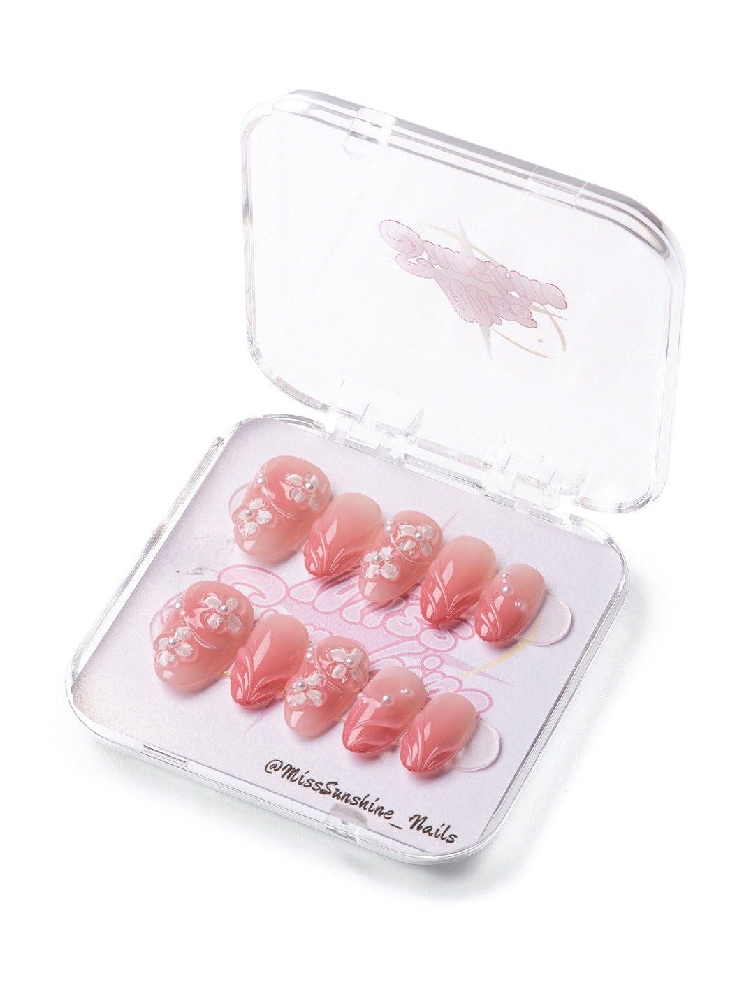 Extra short almond nails with blush floral design