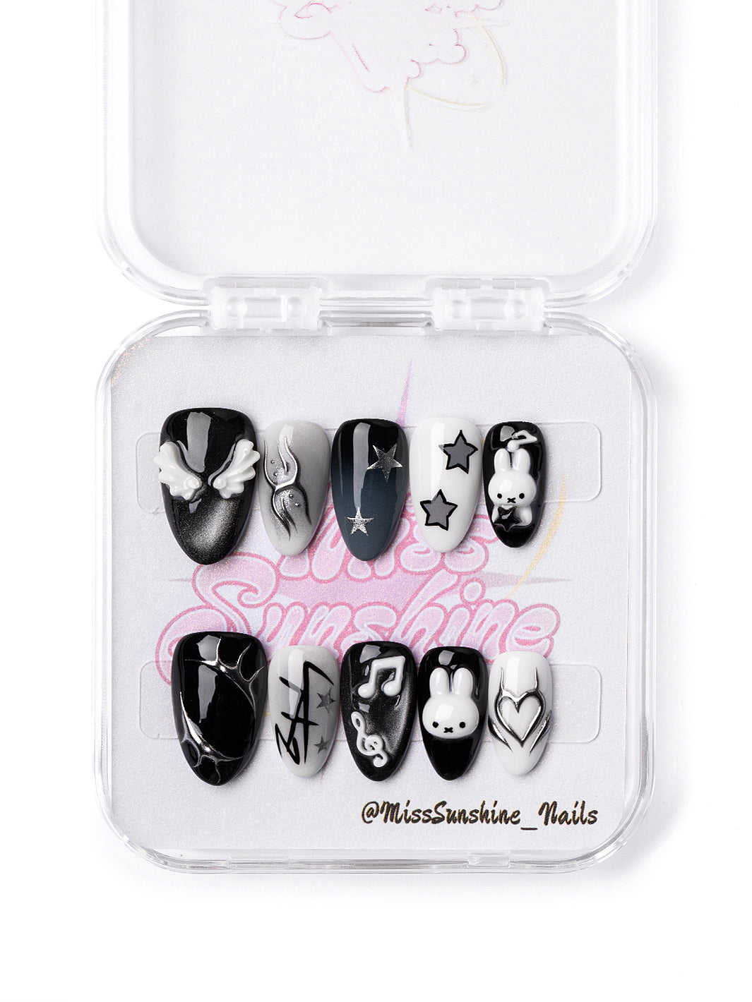 Cyber Bunny Stray Kids-inspired black and white press-on nails
