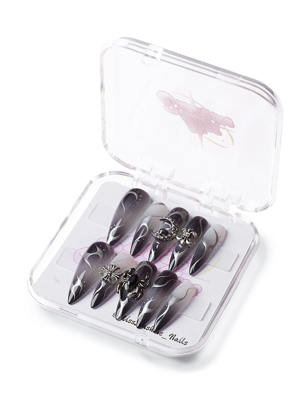 Long stiletto nails with smoky chrome and black flames