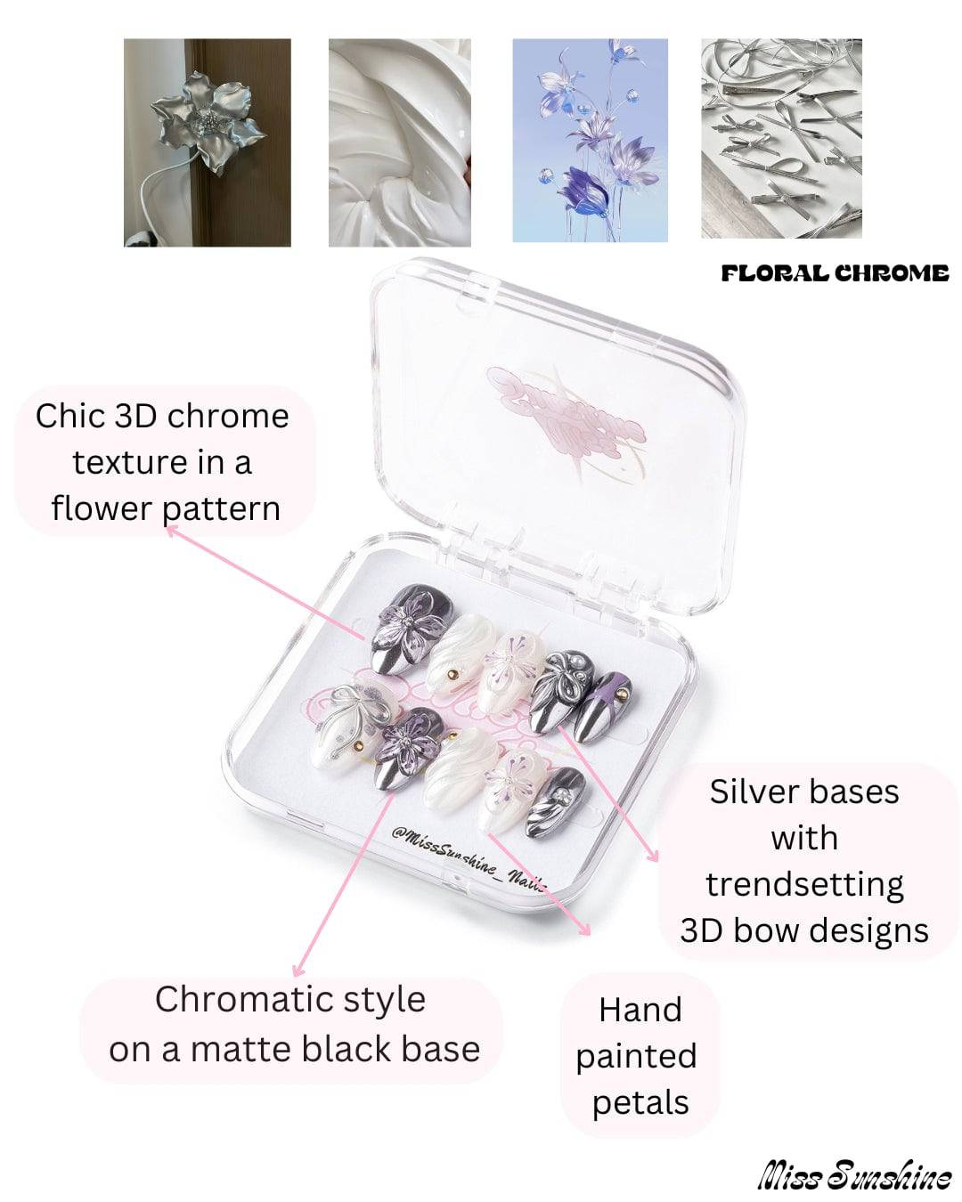 Metallic and floral fusion press-on nail set
