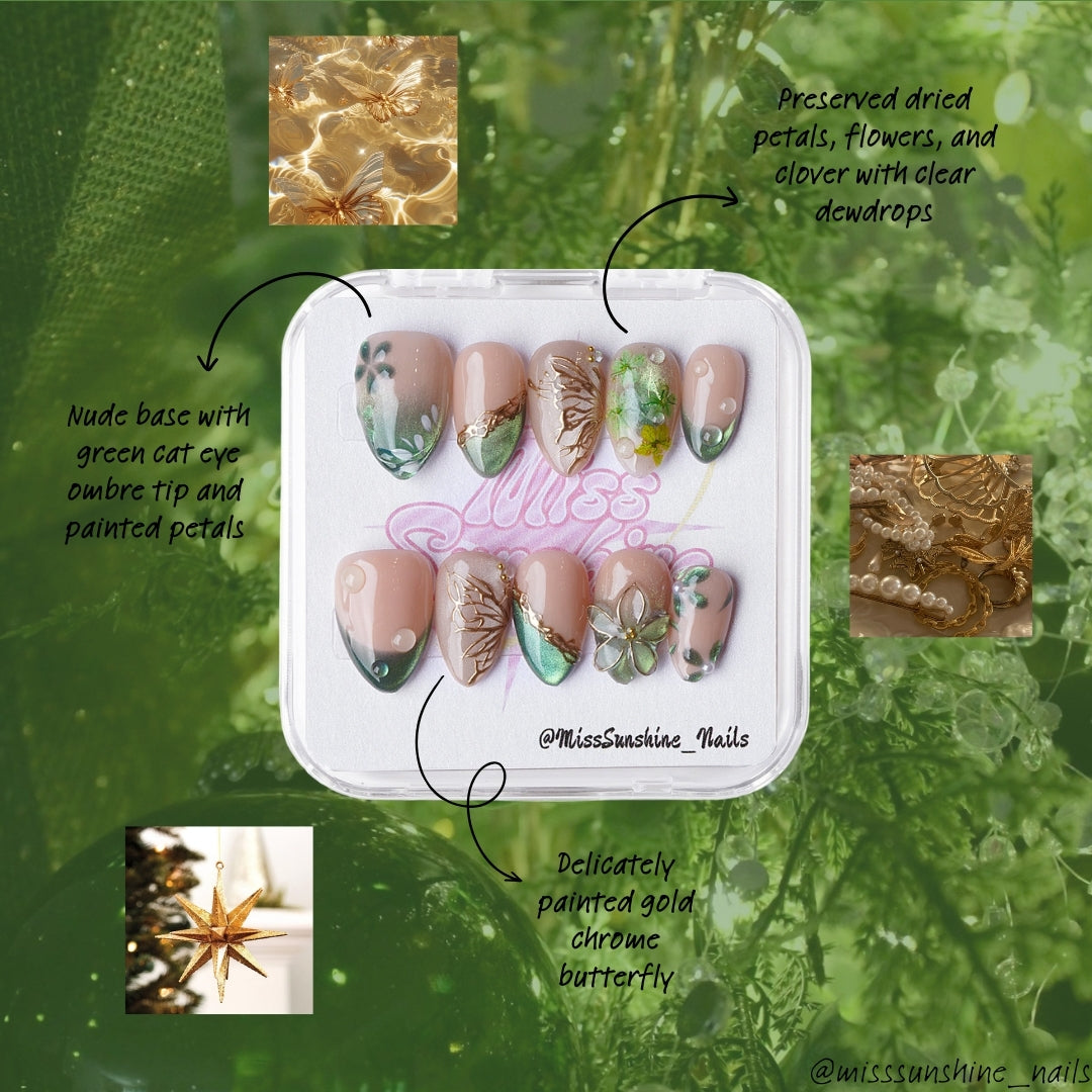 Elegant winter greenery press-on nails with sculpted flowers, gold details, and glossy finishes