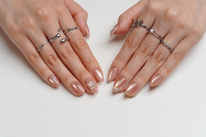 nude cat eye prom press on nails with rhinestones