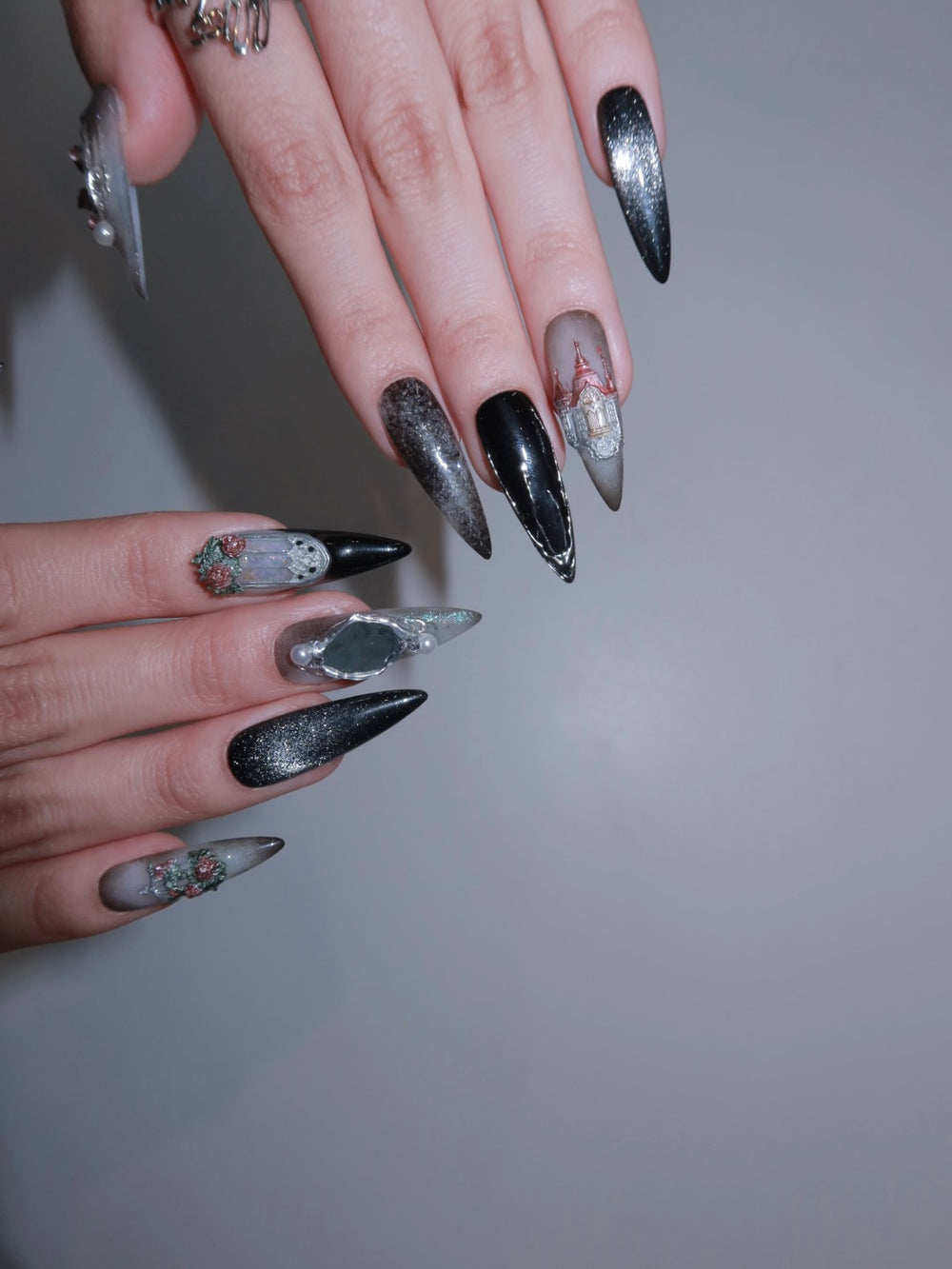 Black taupe ombré press-ons with baroque charms