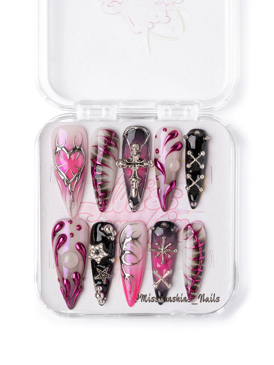 Femme Supernova aespa inspired K-pop stiletto press-on nails with pink chrome and silver charms