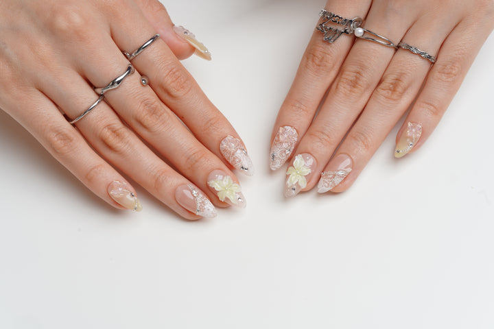 Nude lace floral press on nails with rhinestones