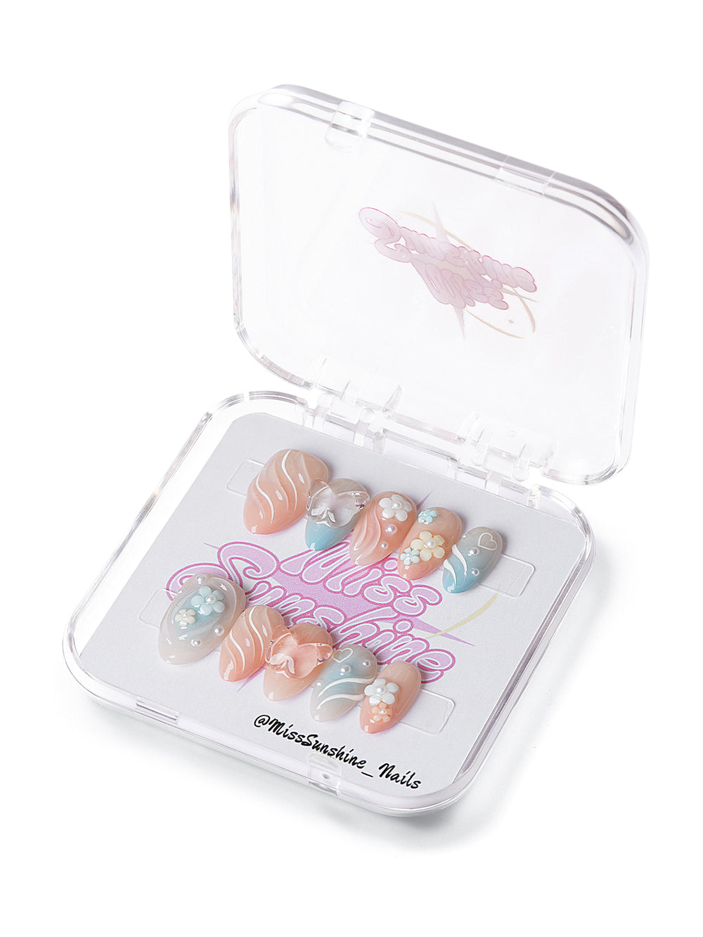 Extra short almond nails in pastel tones with floral 3D accents