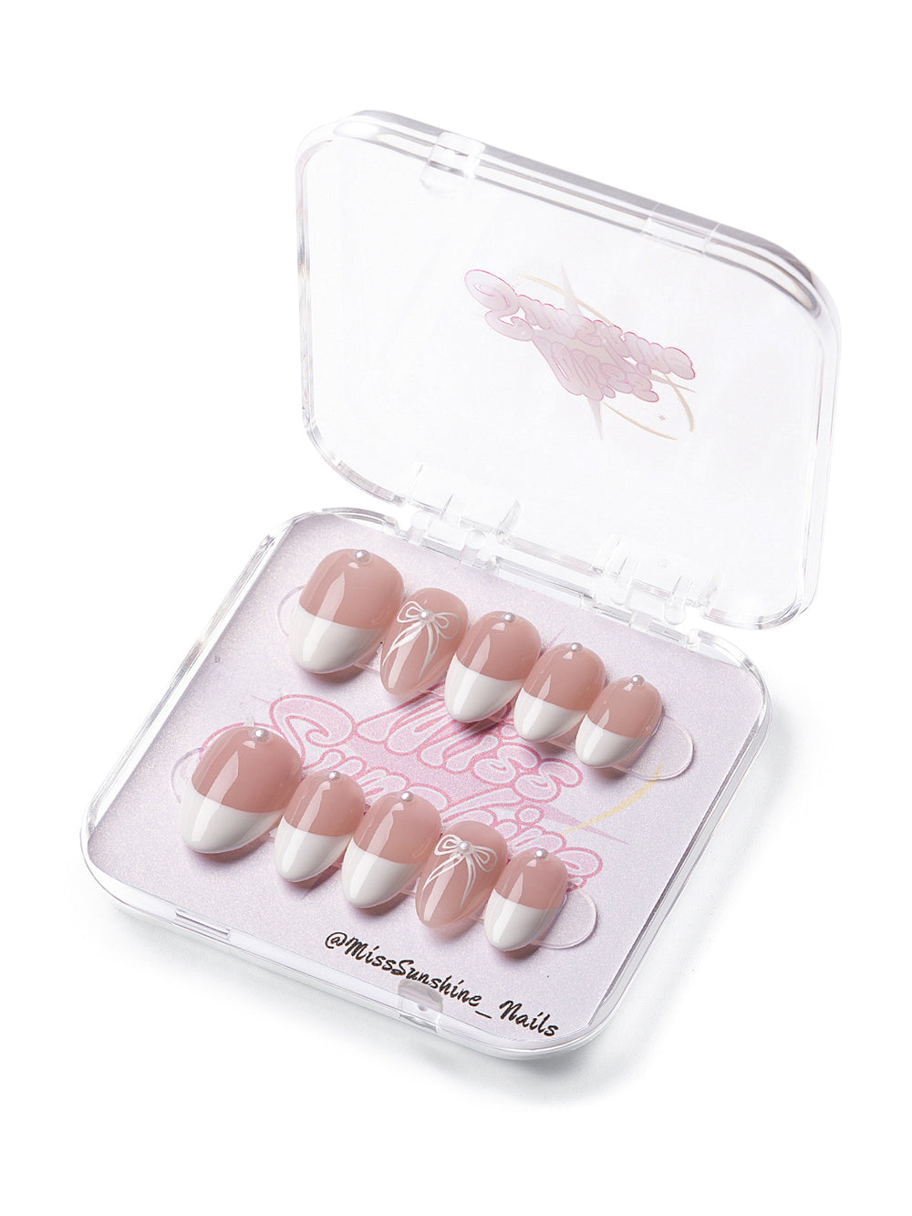 Extra short almond nails with white French tips and bows