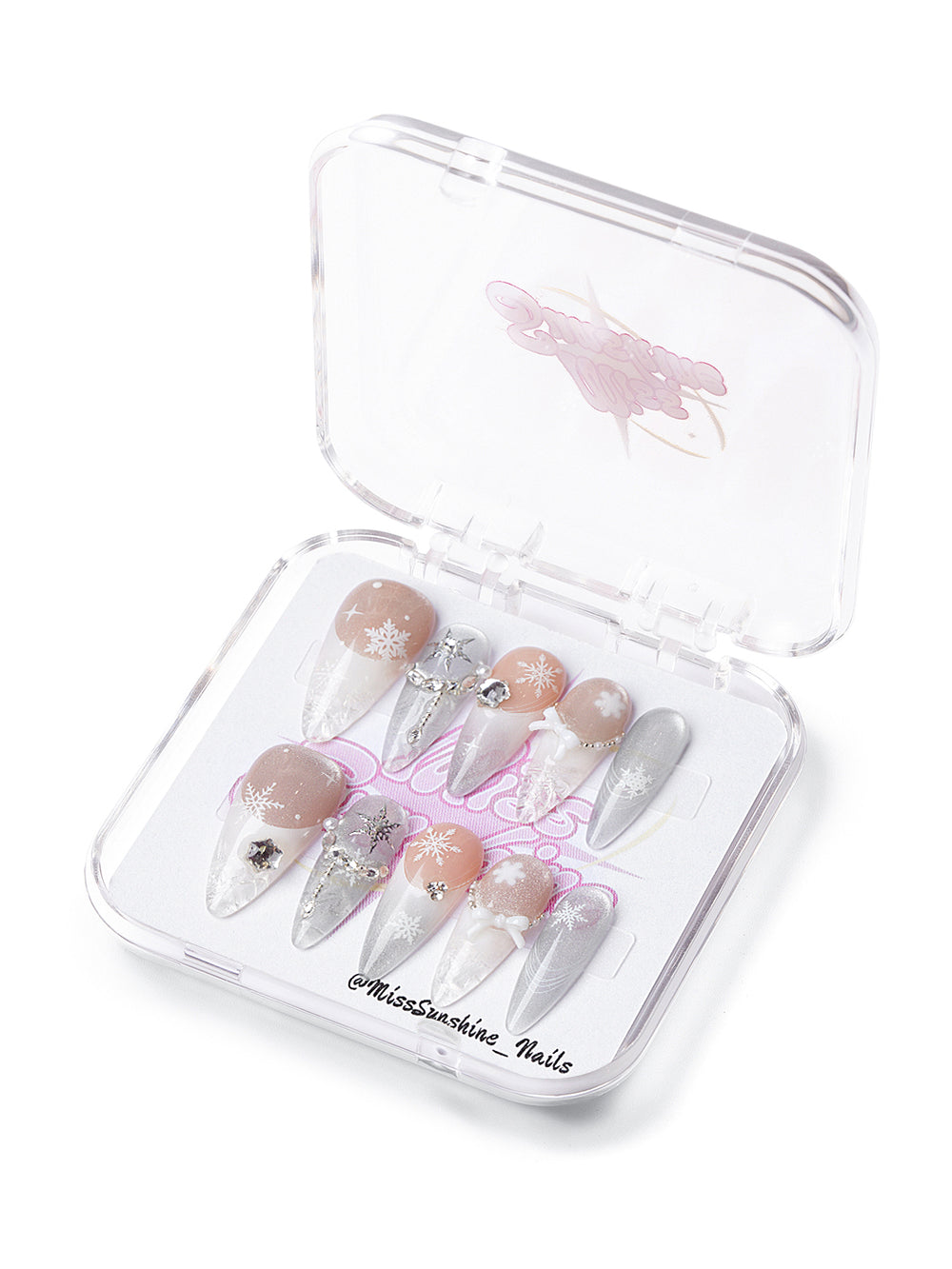 Frosted Wonderland | Long Almond Nails with Snowflakes, Crystals & Silver Details