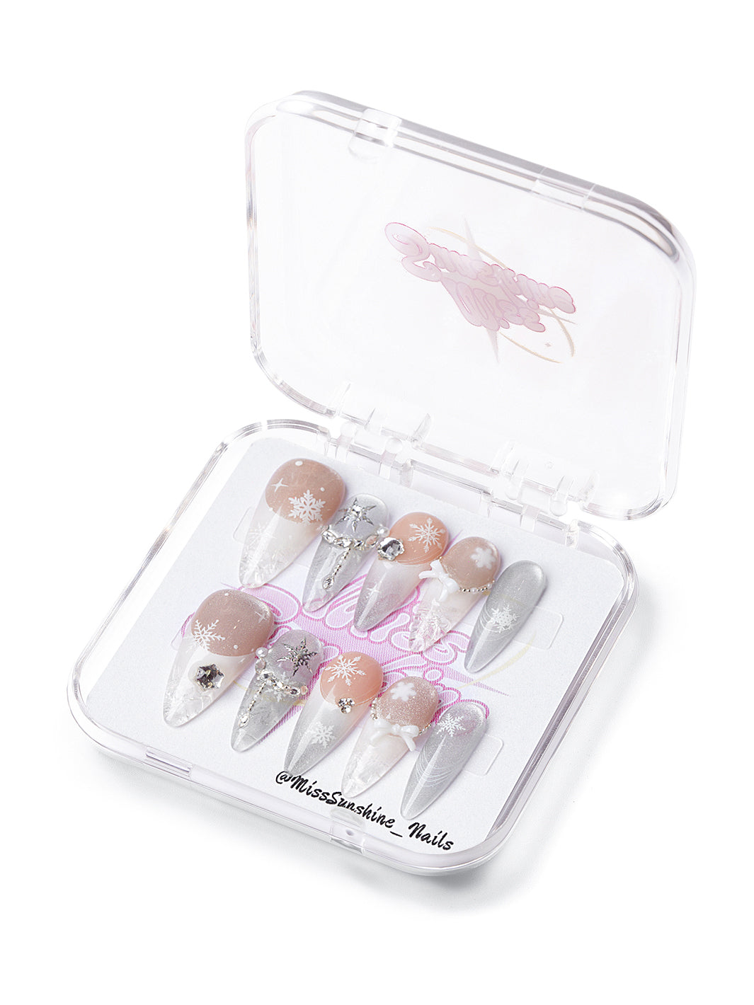 Frosted Wonderland | Long Almond Nails with Snowflakes, Crystals & Silver Details