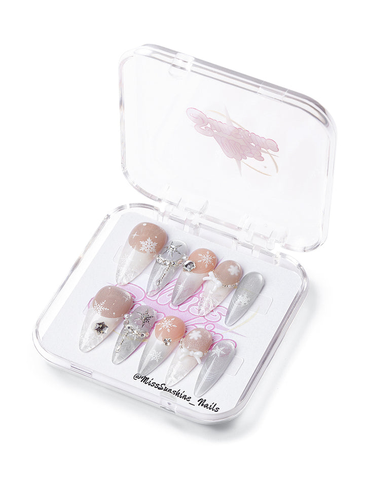 Frosted Wonderland | Long Almond Nails with Snowflakes, Crystals & Silver Details