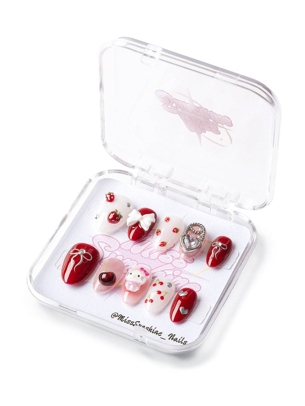 Extra short almond nails with strawberries and bows