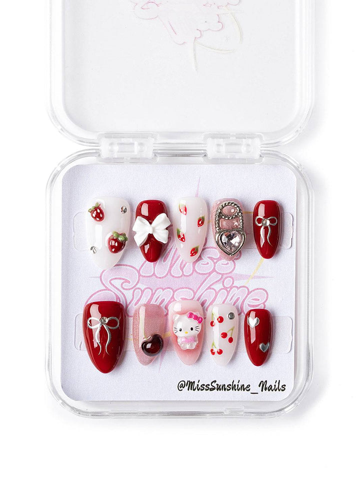 Red and pink kawaii press-on nail set