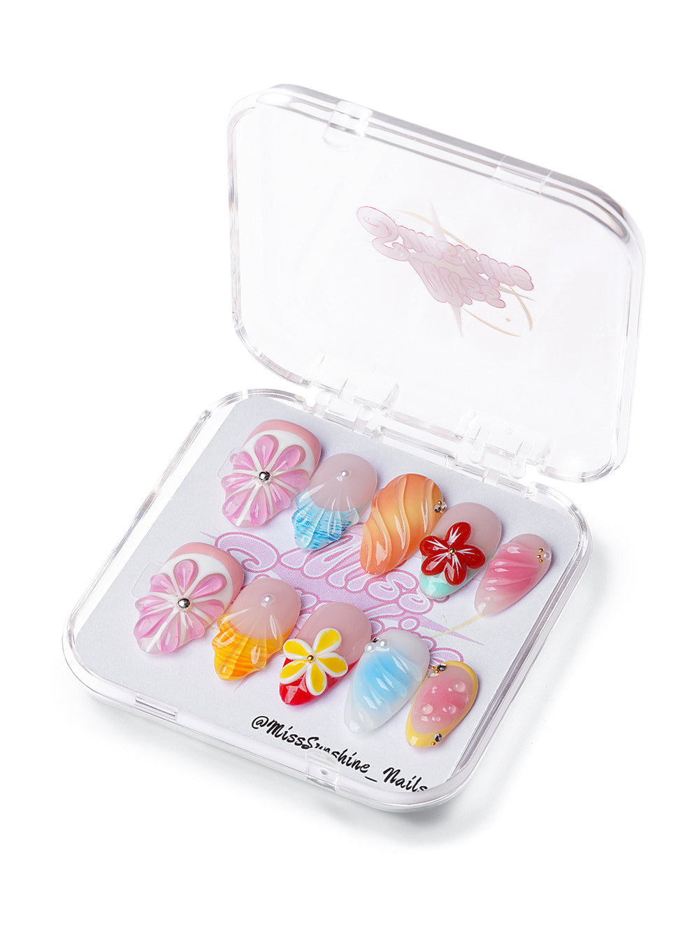 Short almond tropical press-on nails with 3D flowers, island colors, and glossy finish