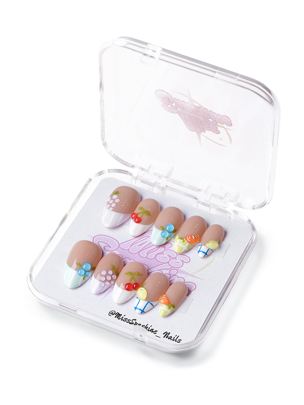 Short almond nails with 3D fruit charms on pastel French tips