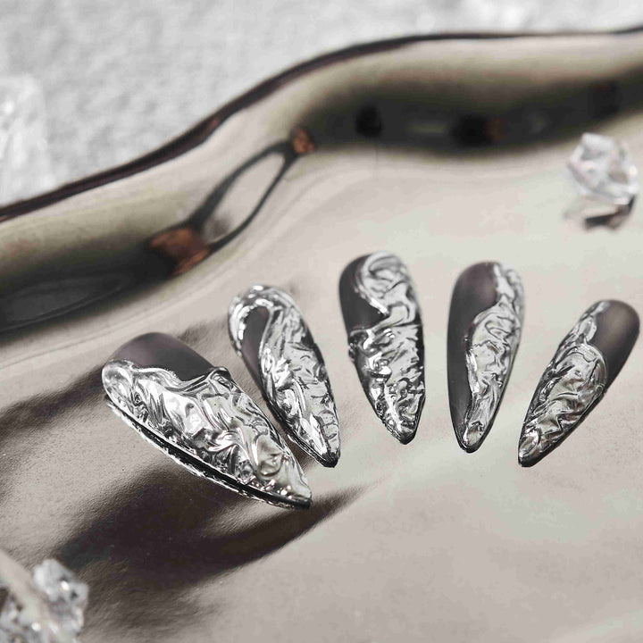 Futuristic silver press-on nails