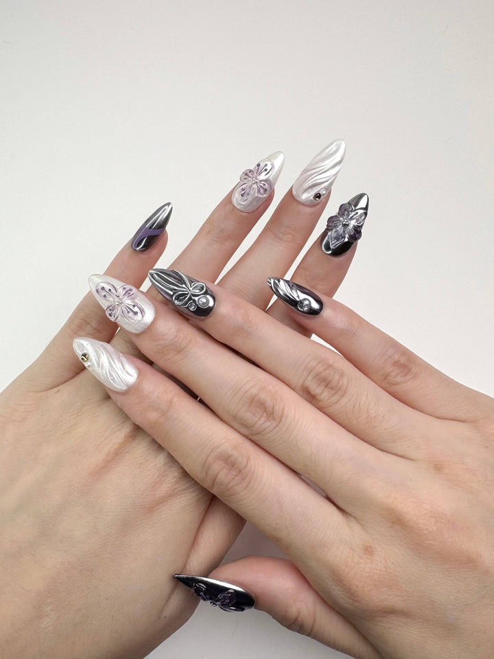 Pearly white and lilac metallic floral nails