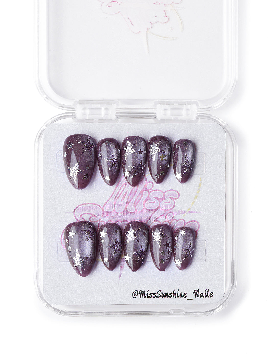Handmade cosmic purple press-on nails with silver foil and stars