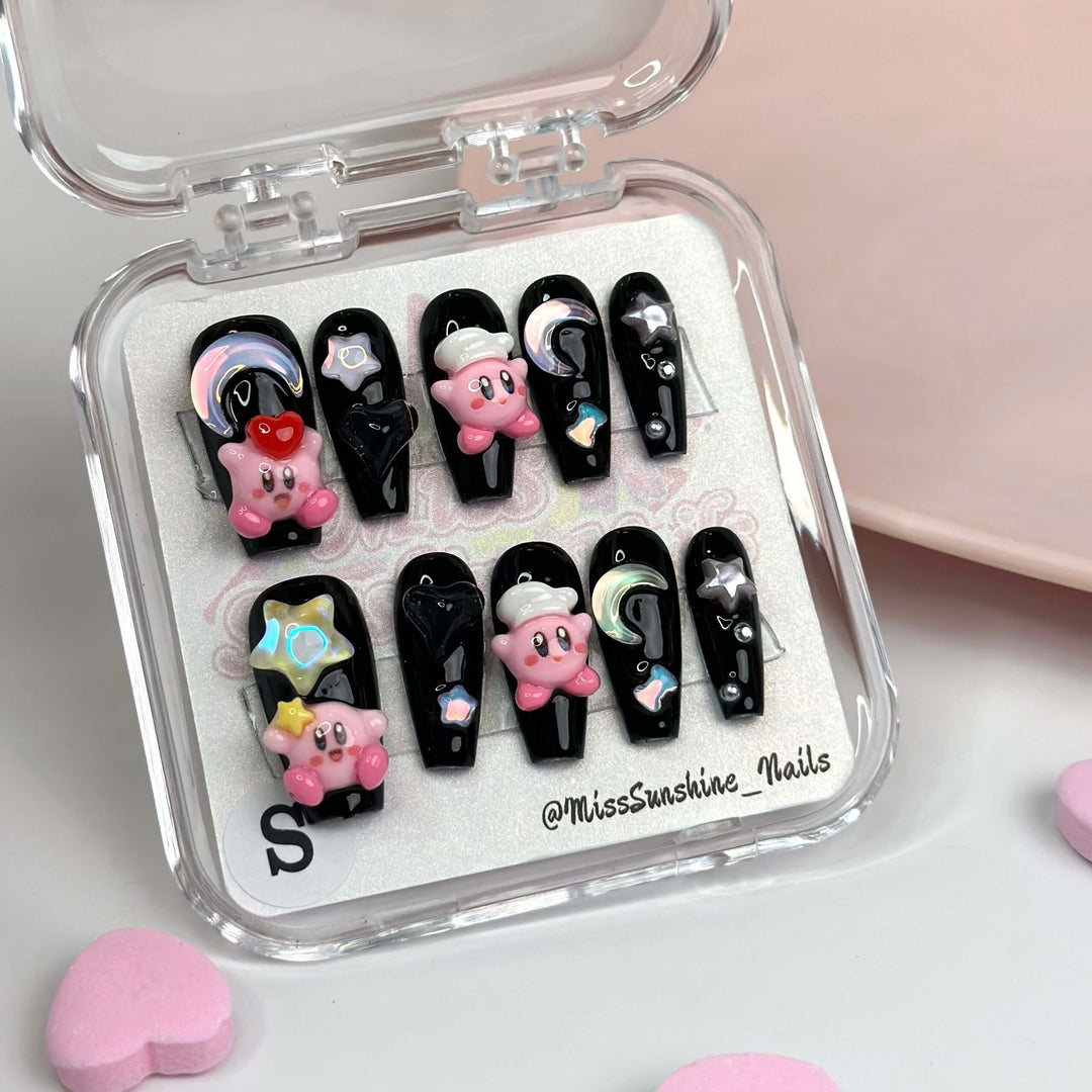 Kirby themed press-on nails with black base