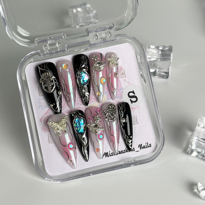 3D butterfly, crown, and heart nail charms
