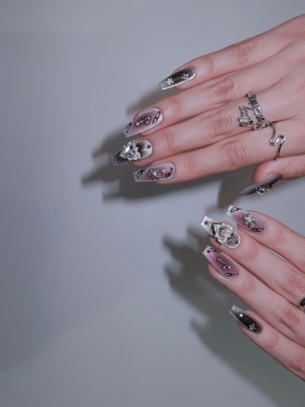 Cosmic inspired nails with silver 3D charms