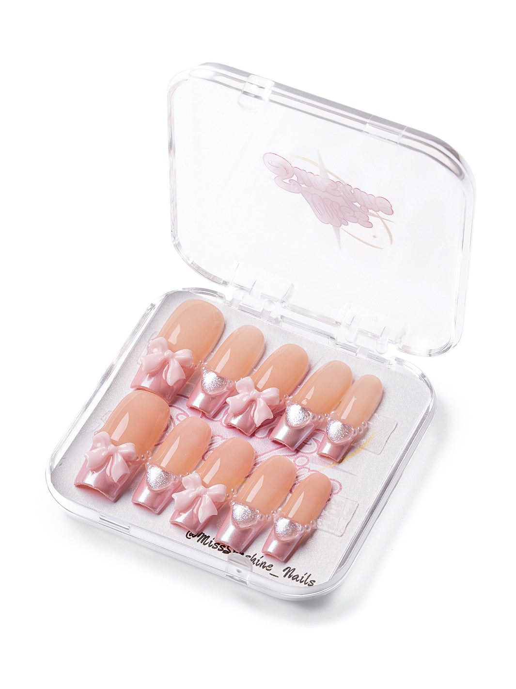 Long square nails with baby pink bows and pearls