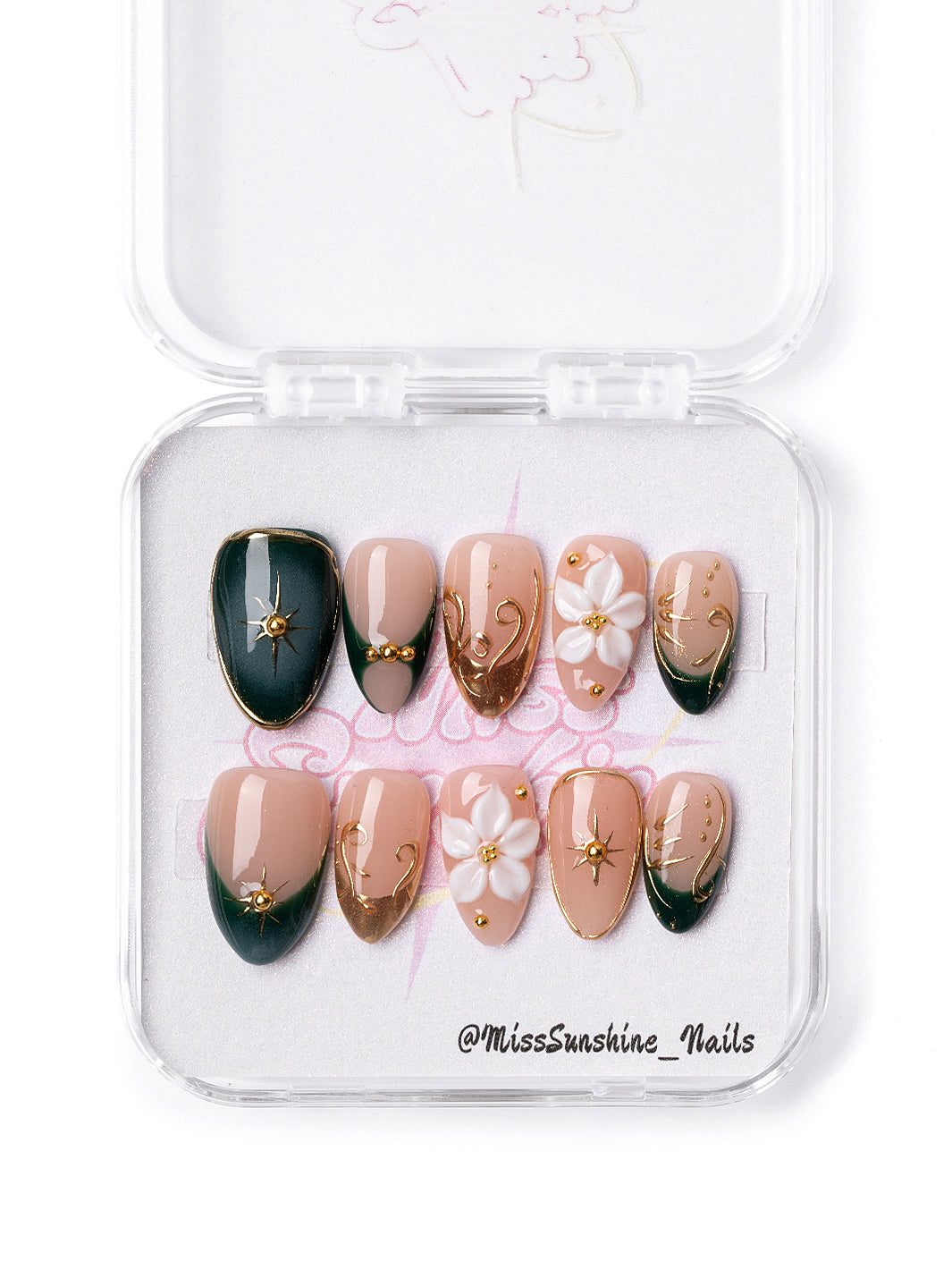 Golden Forest extra short almond press-on nails with emerald green and gold details