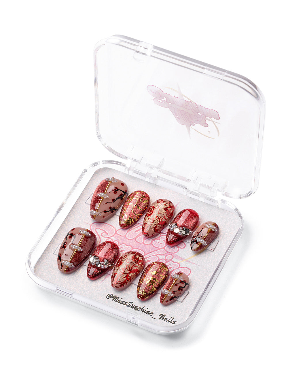 Golden Fortune Bloom short almond Lunar New Year press-on nails in red and gold with floral and pearl details