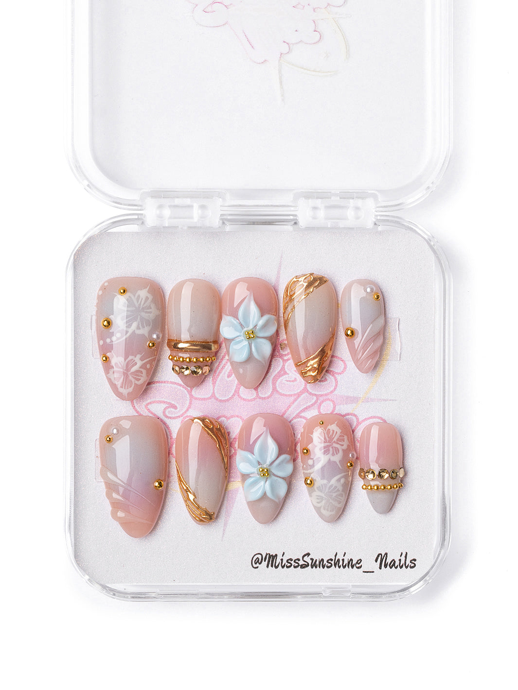 Golden Hibiscus short almond press-on nails with tropical flowers and gold accents
