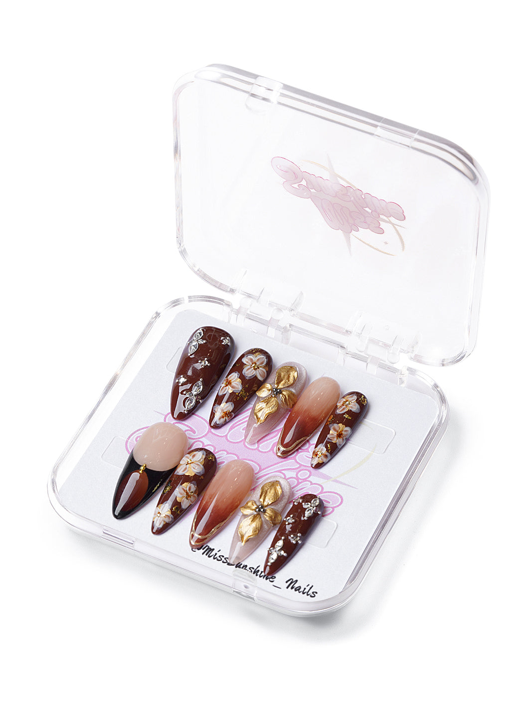 Long almond press-on nails with chocolate and nude gradient